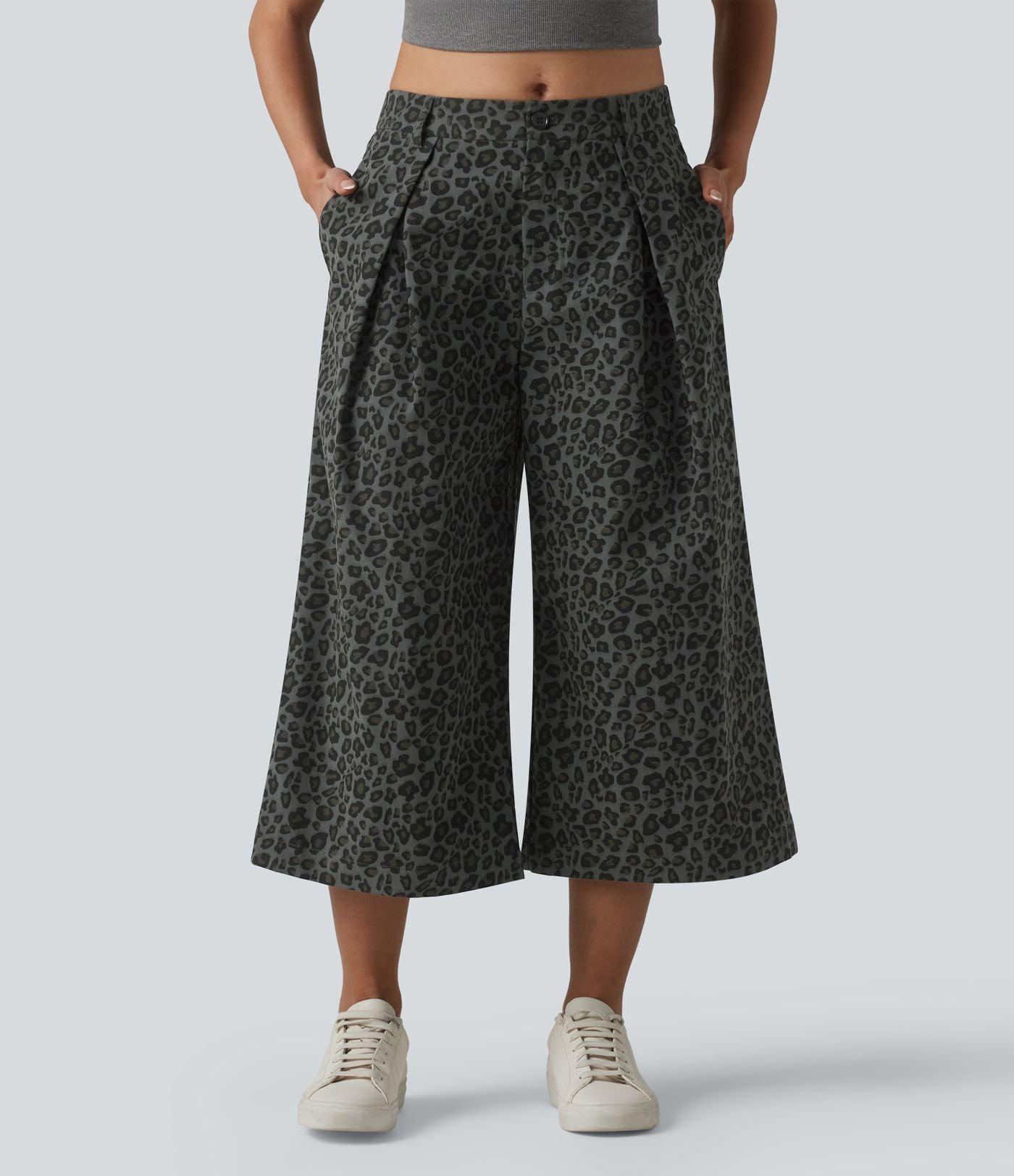 Pantalon léopard casual court taille mi-haute avec poches