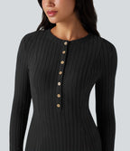 Robe longue fluide maille côtelée col henley manches longues