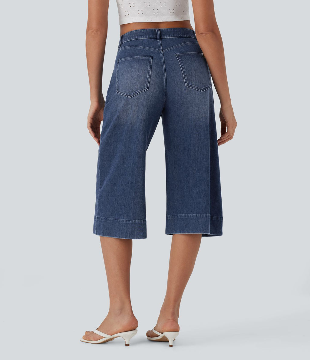 Jean décontracté capri large fluide taille mi-haute Halara Flex™ effet délavé avec poches