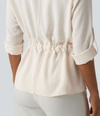 Chemise effet lin esprit bureau à revers, manches retroussées et lien à nouer
