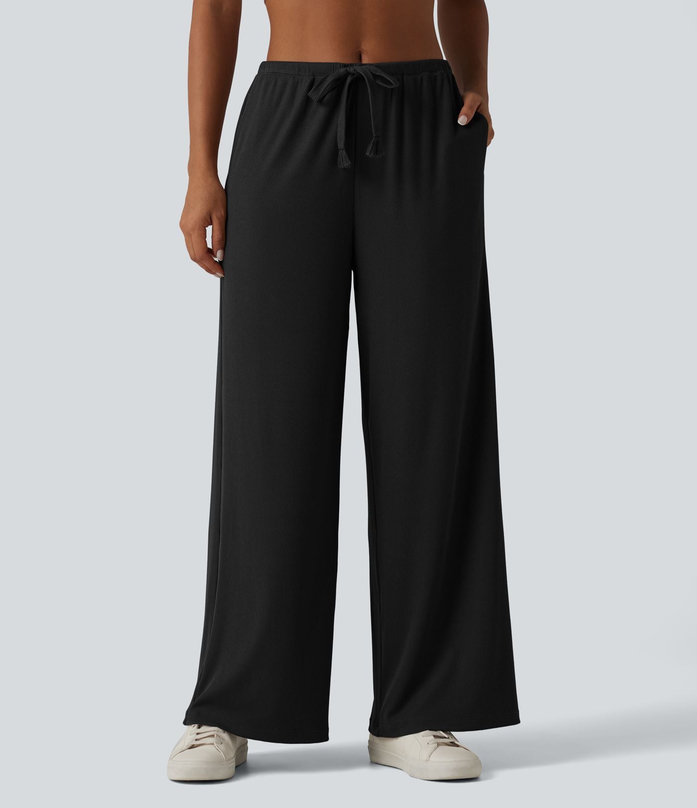 Pantalon large casual en maille côtelée extensible taille mi-haute avec cordon de serrage et poches