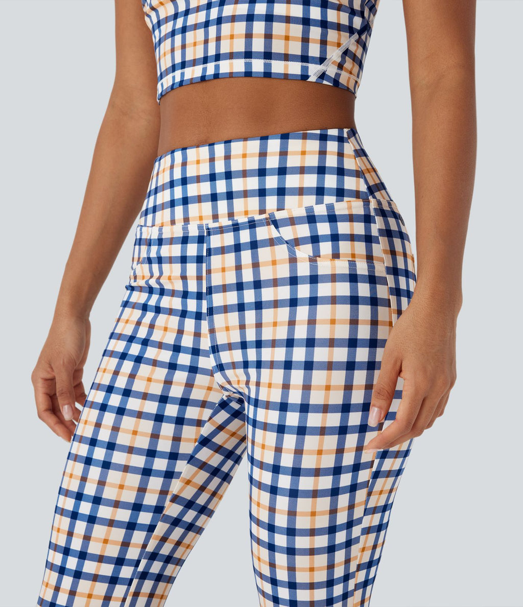 Pantalon décontracté bootcut à carreaux cool touch, taille haute, avec poches