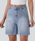 Short bermuda décontracté en denim extensible lavé Halara Flex™ taille mi-haute avec poches multiples