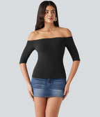 T-shirt décontracté Halara Cotton Jersey épaules dénudées à manches mi-longues, bretelles amovibles et coussinets amovibles, bonnets B à E