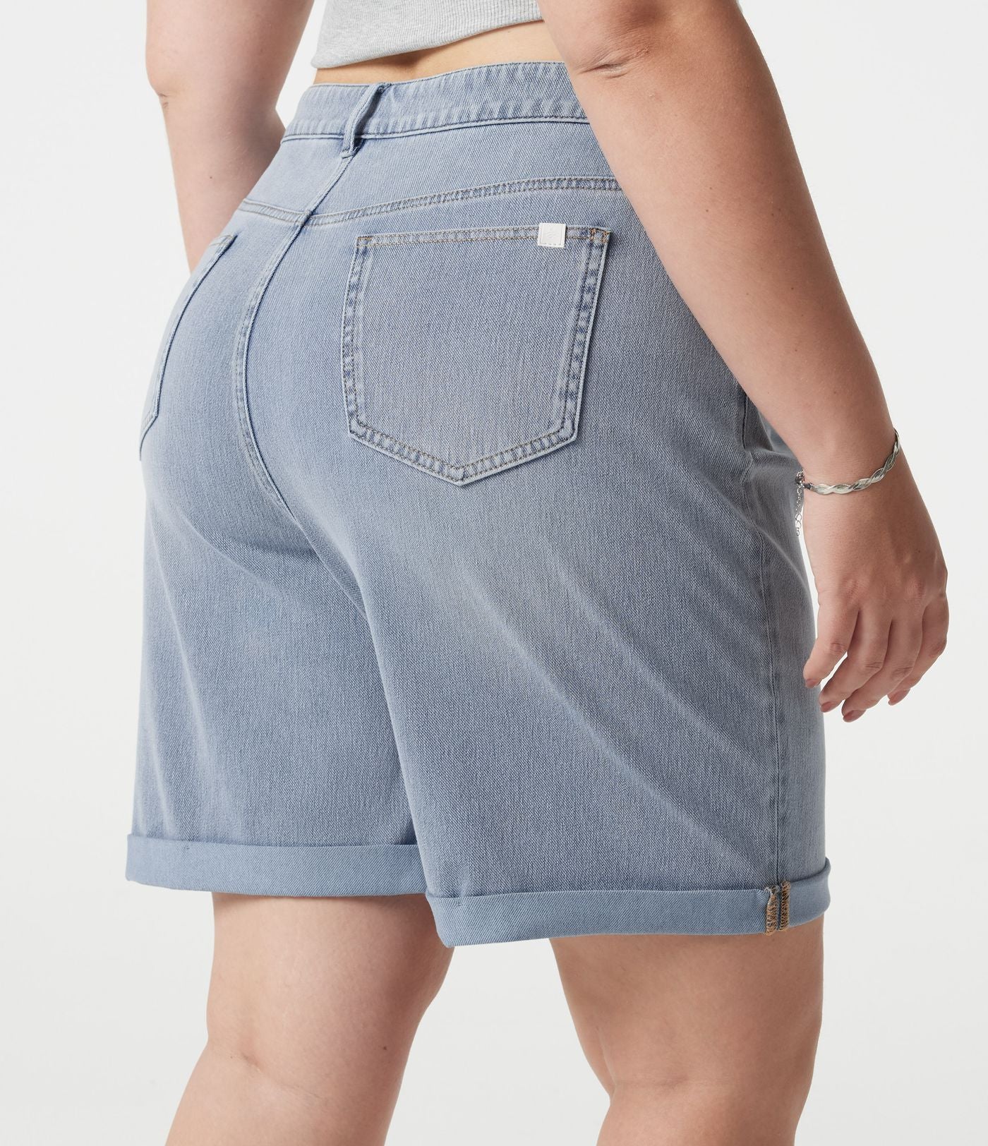 Short bermuda casual denim grande taille Halara Flex™ tricot extensible délavé taille haute multiples poches ourlet roulotté