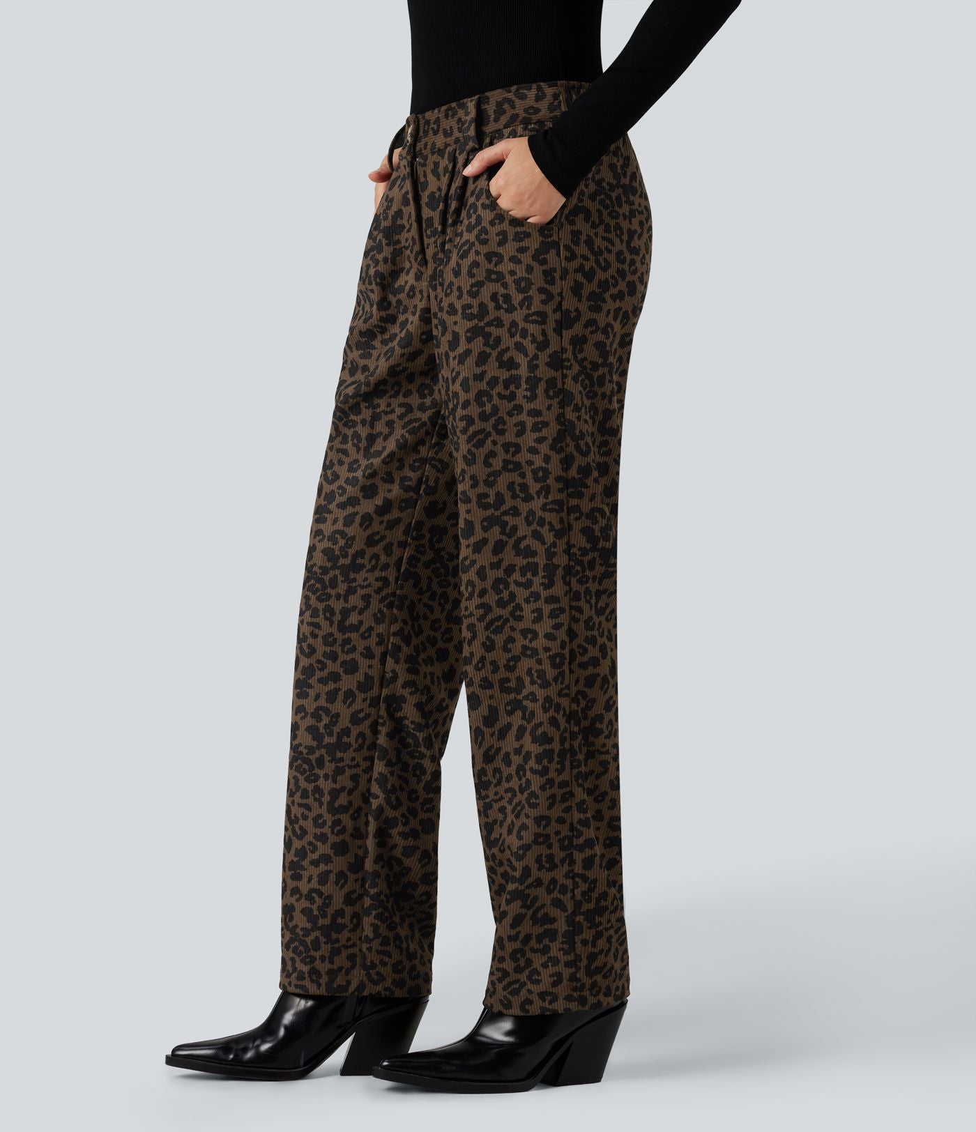 Pantalon velours côtelé imprimé léopard coupe droite taille mi-haute avec poches