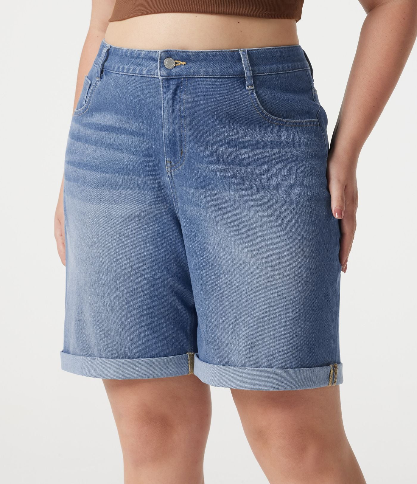 Short bermuda casual denim grande taille Halara Flex™ tricot extensible délavé taille haute multiples poches ourlet roulotté