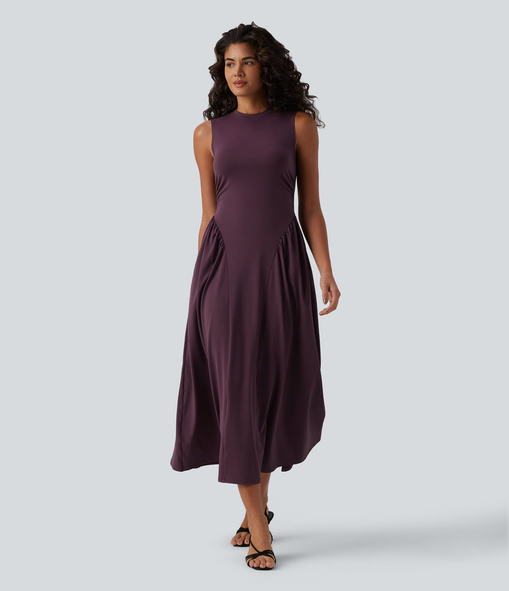 Robe midi casual fluide sans manches à col rond avec poches