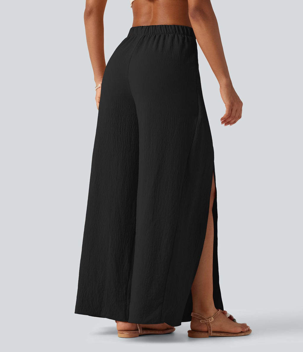 Pantalon ample fluide effet lin taille haute avec laçage