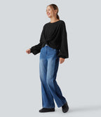 Sweatshirt casual côtelé maille col rond manches longues avec ourlet torsadé