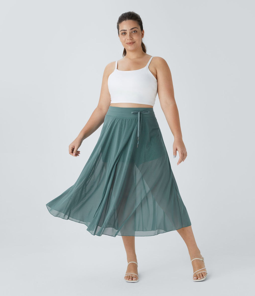 Jupe Taille Haute 2 En 1 En Maille Contrastée Avec Cordon De Serrage Et Poche Latérale Fluide Evasée Casual Grande Taille