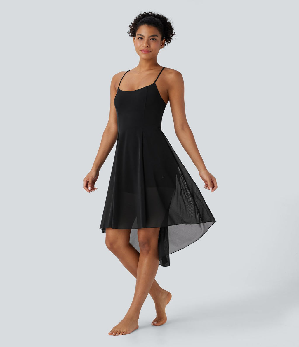 Robe active de danse midi fluide à dos nu avec lacets, 2-en-1, poche, ourlet asymétrique et maille contrastée