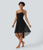 Robe active de danse midi fluide à dos nu avec lacets, 2-en-1, poche, ourlet asymétrique et maille contrastée
