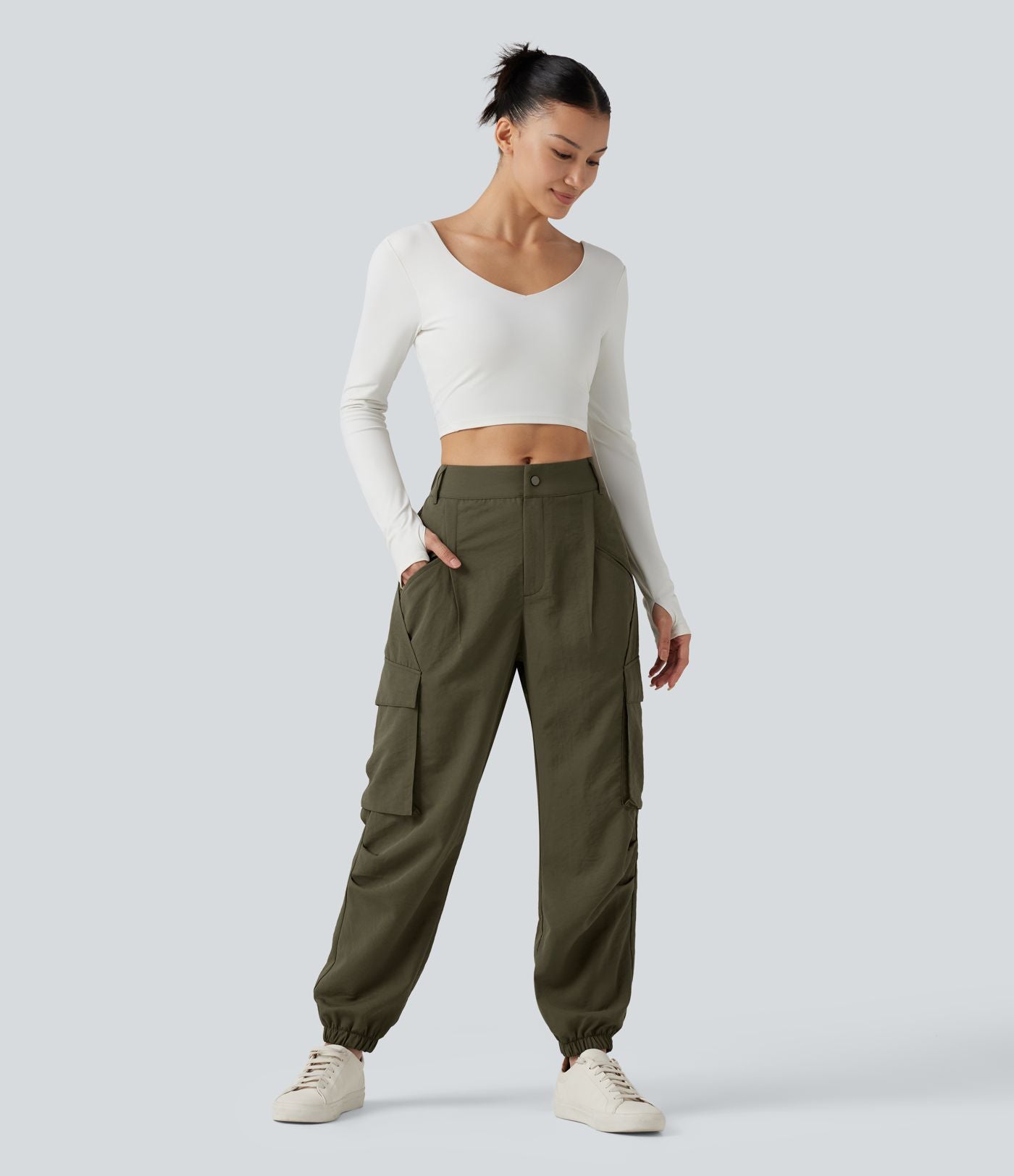 Jogging cargo décontracté, taille moyenne, à poches