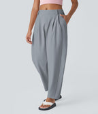 Pantalon tailleur ample, taille moyenne, coupe barrel, à poches