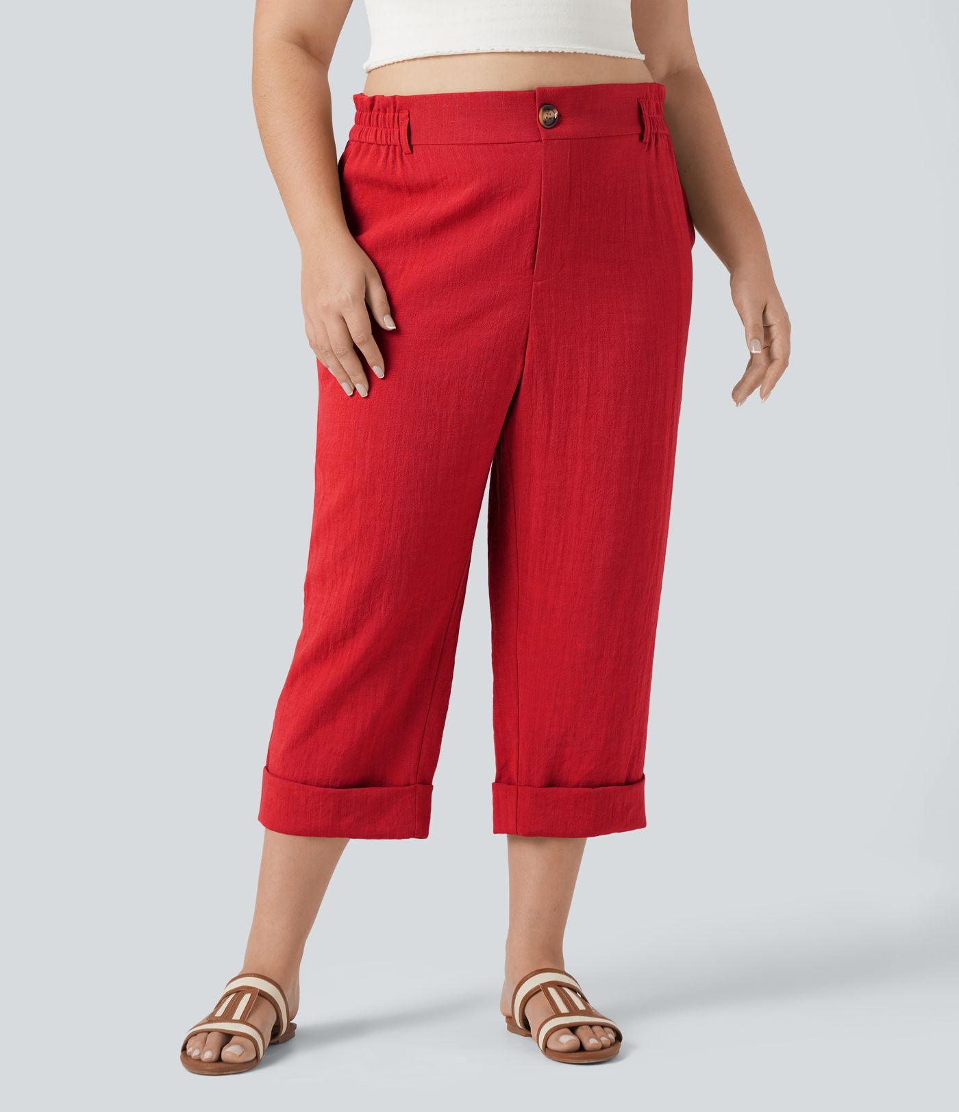 Pantalon de villégiature capri effet lin, grande taille, taille haute, avec poches