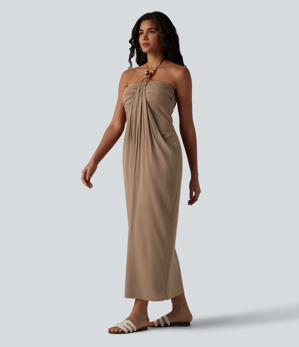 Robe longue estivale col licou dos nu avec lien soutien-gorge intégré aspect lin avec poches