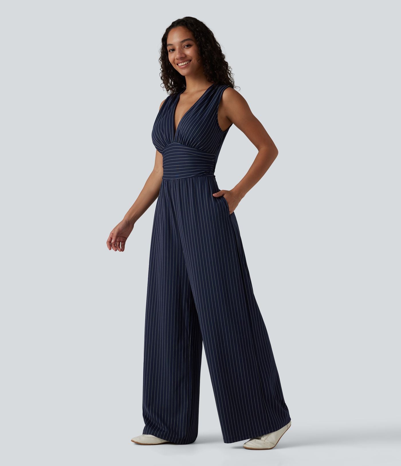 Combinaison tailleur col V sans manches à rayures et fronces avec poches - Easy Peasy