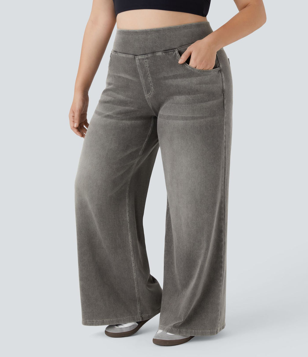 Halara Flex™ Jeans Larges Casual Taille Haute Multiples Poches Lavés Élastiques et Tricotés Grande Taille
