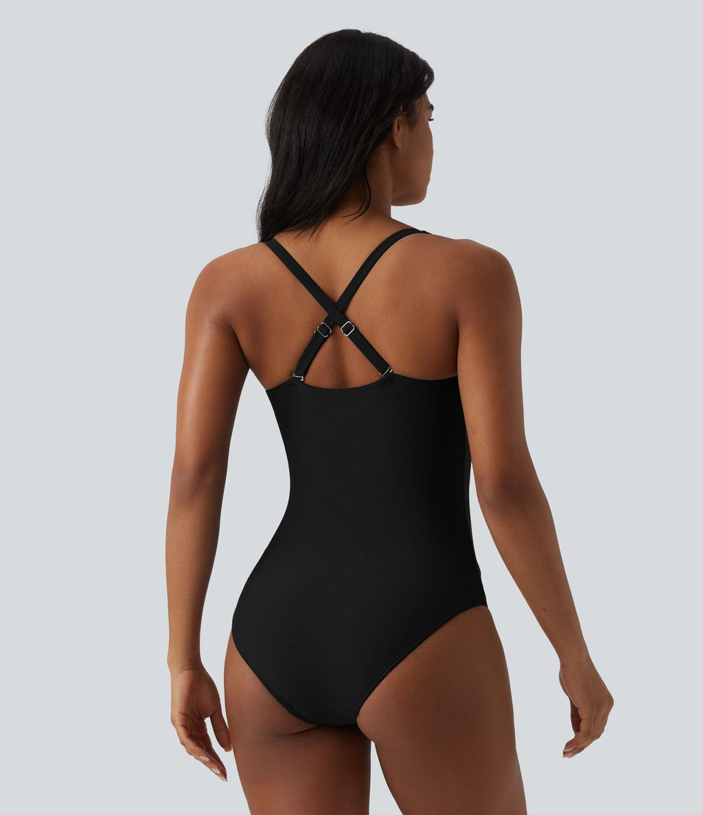 Maillot de bain une pièce gainant push-up col Queen Anne bretelles ajustables torsadé froncé