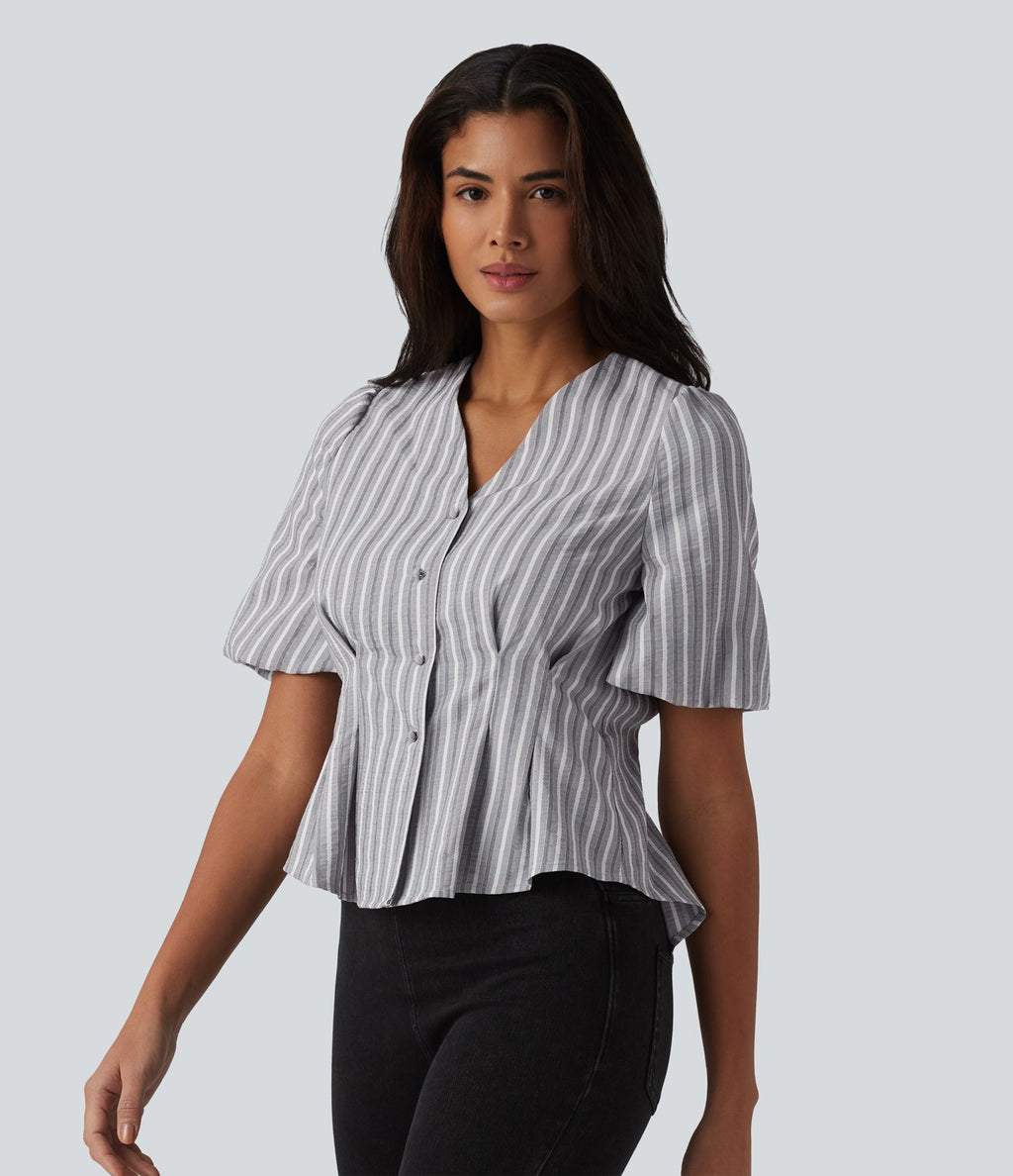 Blouse casual à rayures col V et manches bouffantes mi-longues