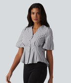 Blouse casual à rayures col V et manches bouffantes mi-longues