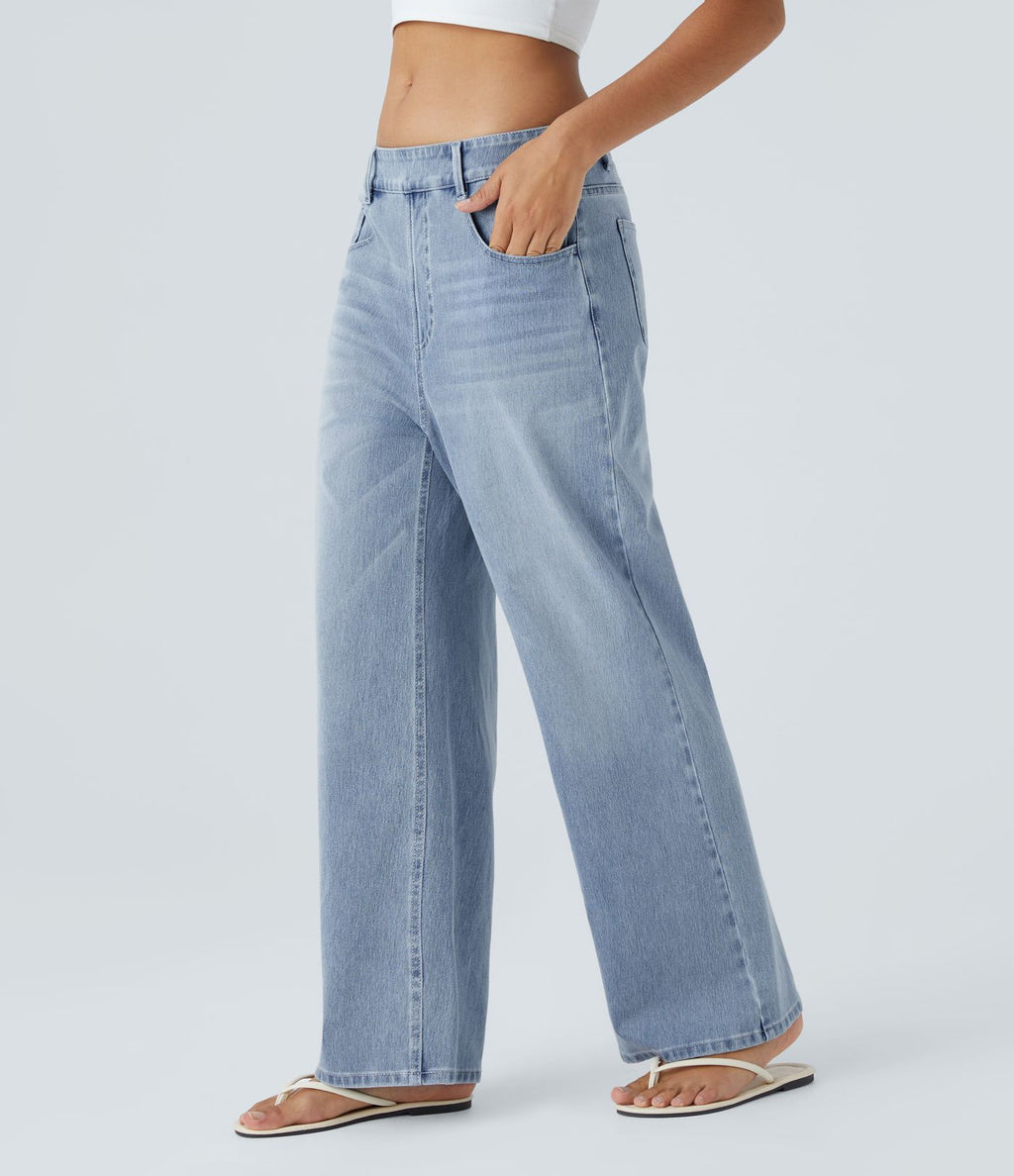 Jean Casual Halara Flex™ Taille Mi-Haute à Jambes Larges Tricot Extensible Lavé avec Poches Multiples