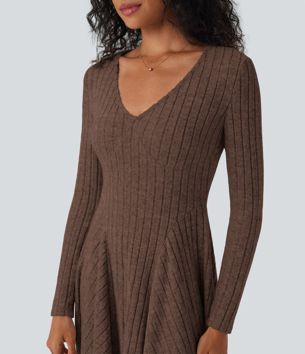 Robe décontractée mini évasée maille côtelée col V manches longues