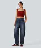 Jean jogging barrel Halara Flex™ molleton français délavé jambe ballon taille mi-haute avec cordon de serrage et poches