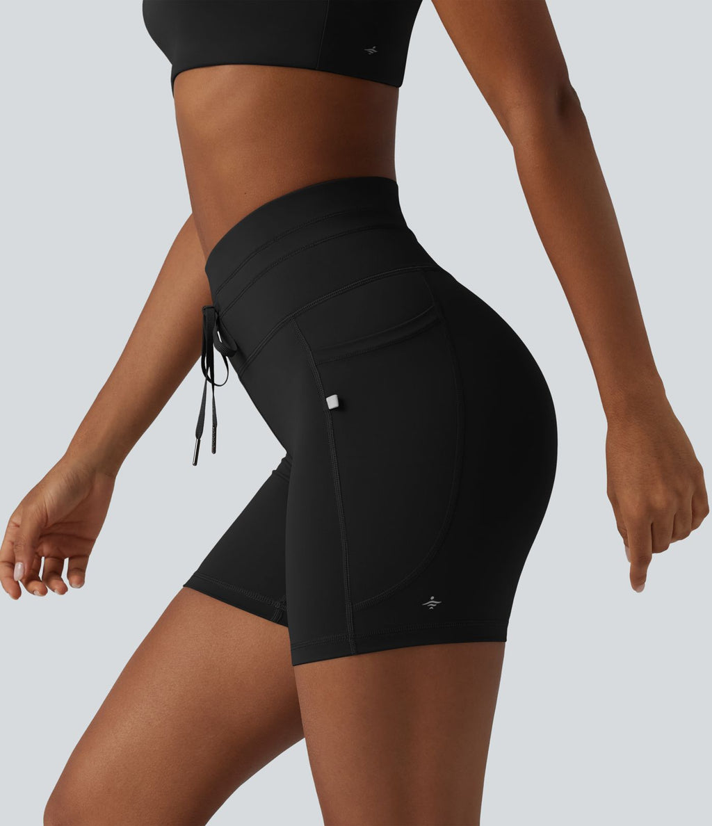 Short de cycliste yoga uni taille haute 12,5 cm avec cordon de serrage et poches
