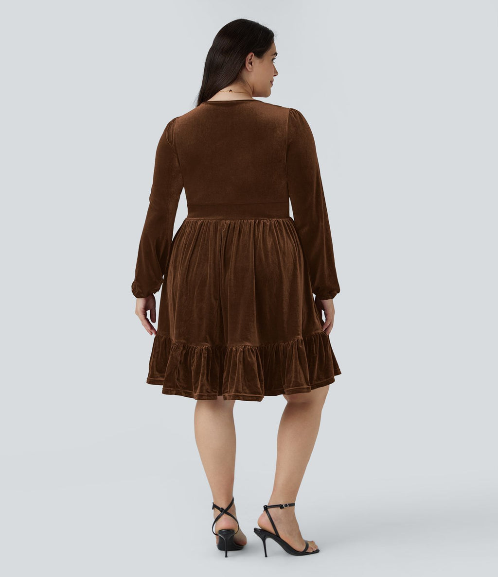 Quotidien de Robe Velours Mini Grande Taille avec Décolleté Profond en V et Ourlet à Volants