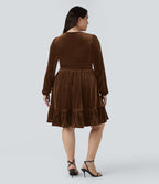 Quotidien de Robe Velours Mini Grande Taille avec Décolleté Profond en V et Ourlet à Volants