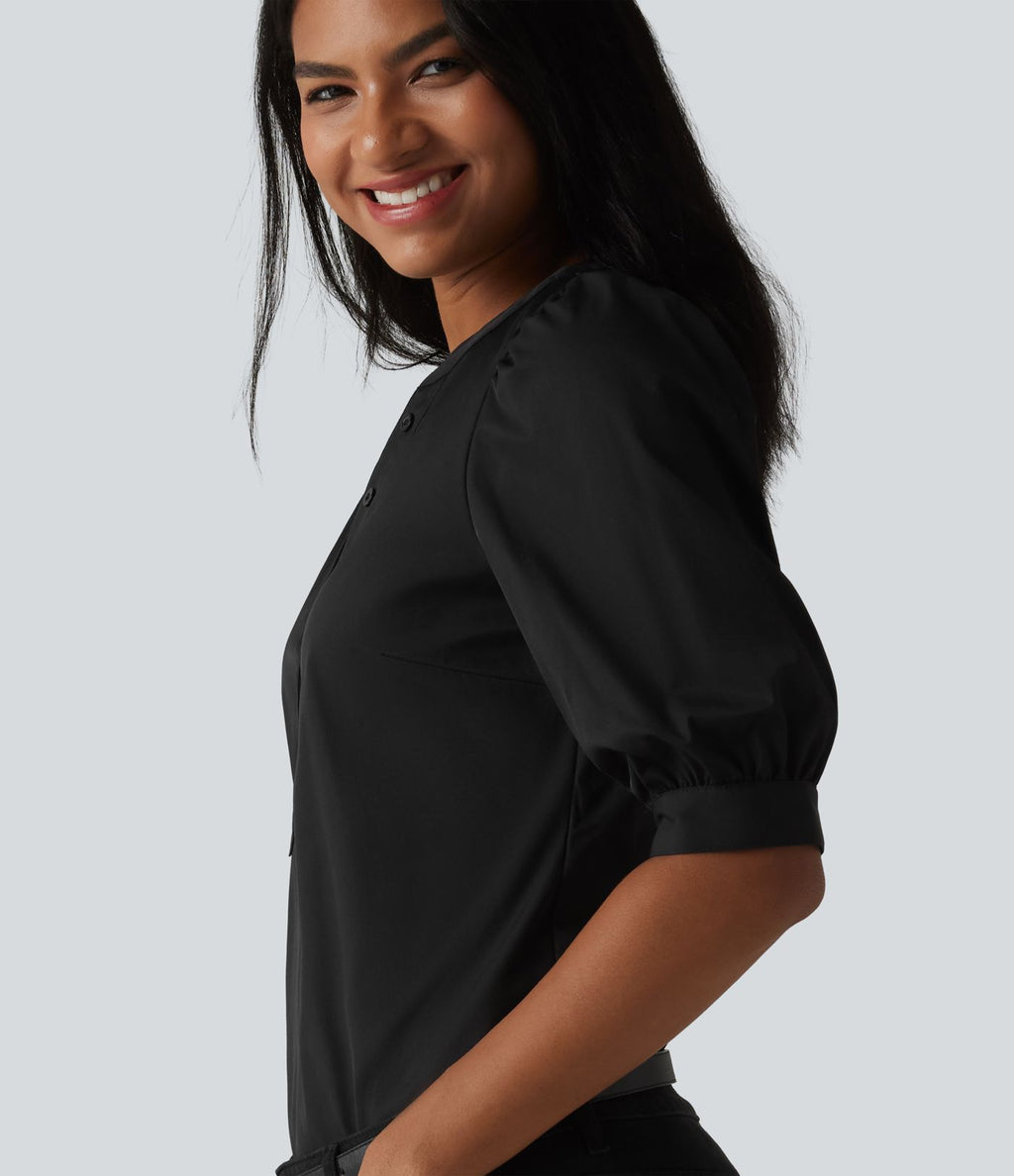Blouse décontractée col Henley manches bouffantes mi-longues