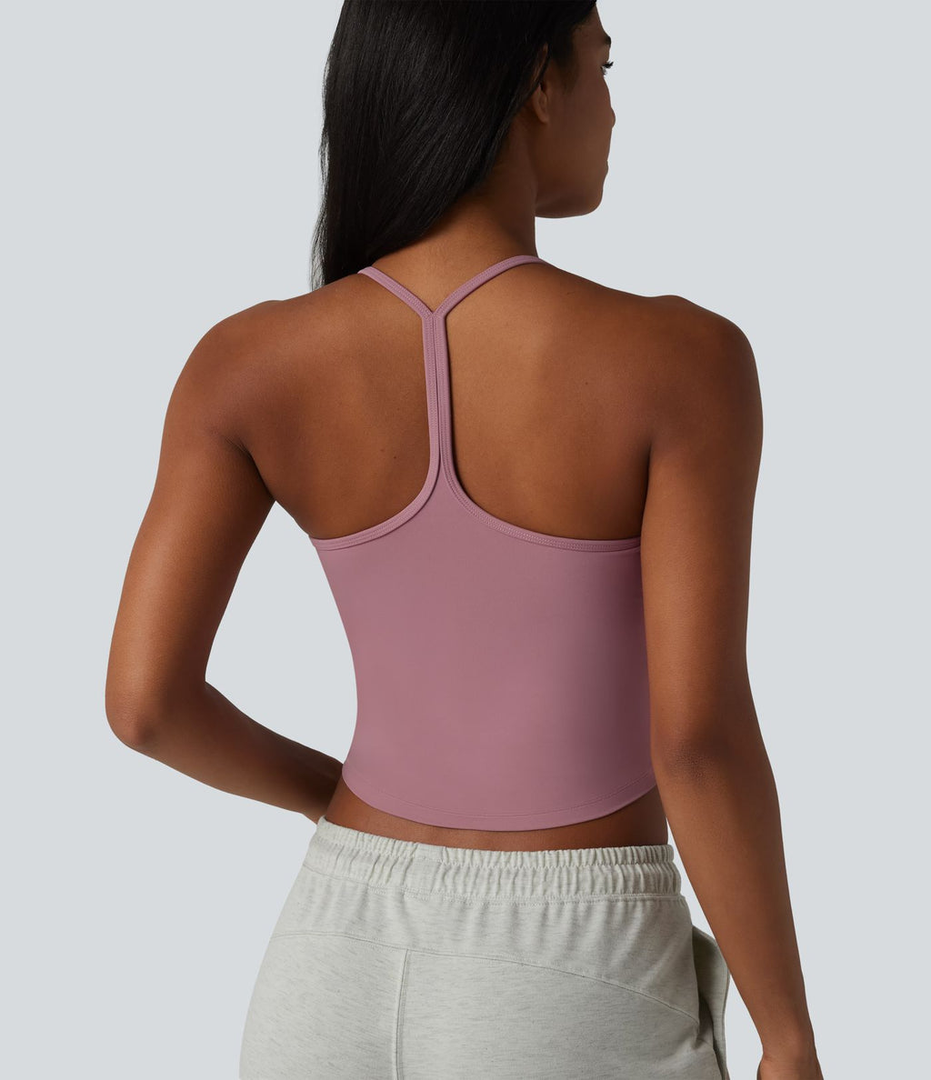 Débardeur décontracté col U dos en Y à effet frais InstantCool, ourlet arrondi et brassière intégrée à séchage rapide, protection solaire UPF50+