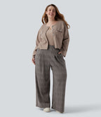 Pantalon décontracté grande taille large taille haute à carreaux pied-de-poule avec poches