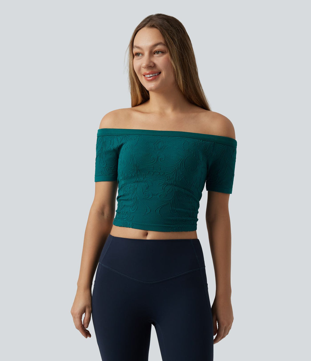 OneForm Seamless Flow Haut de sport de yoga raccourci sans couture épaules dénudées à manches courtes, avec soutien-gorge intégré