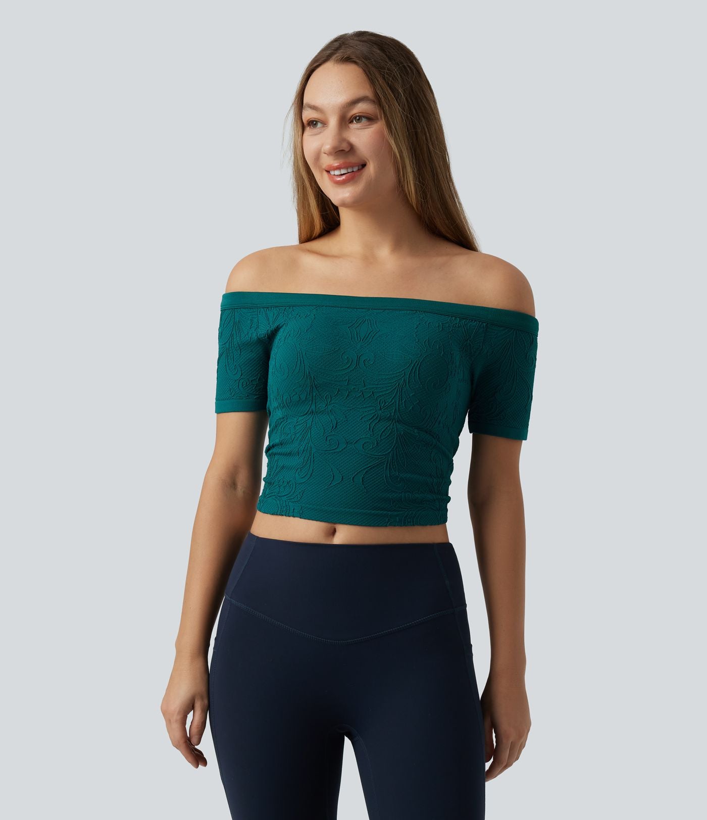 OneForm Seamless Flow Haut de sport de yoga raccourci sans couture épaules dénudées à manches courtes, avec soutien-gorge intégré