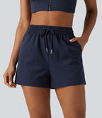 Short de sport baggy taille haute extensible en popeline avec cordon de serrage et poches