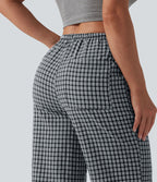 Pantalon casual coupe droite taille mi-haute vichy à cordon de serrage avec poches