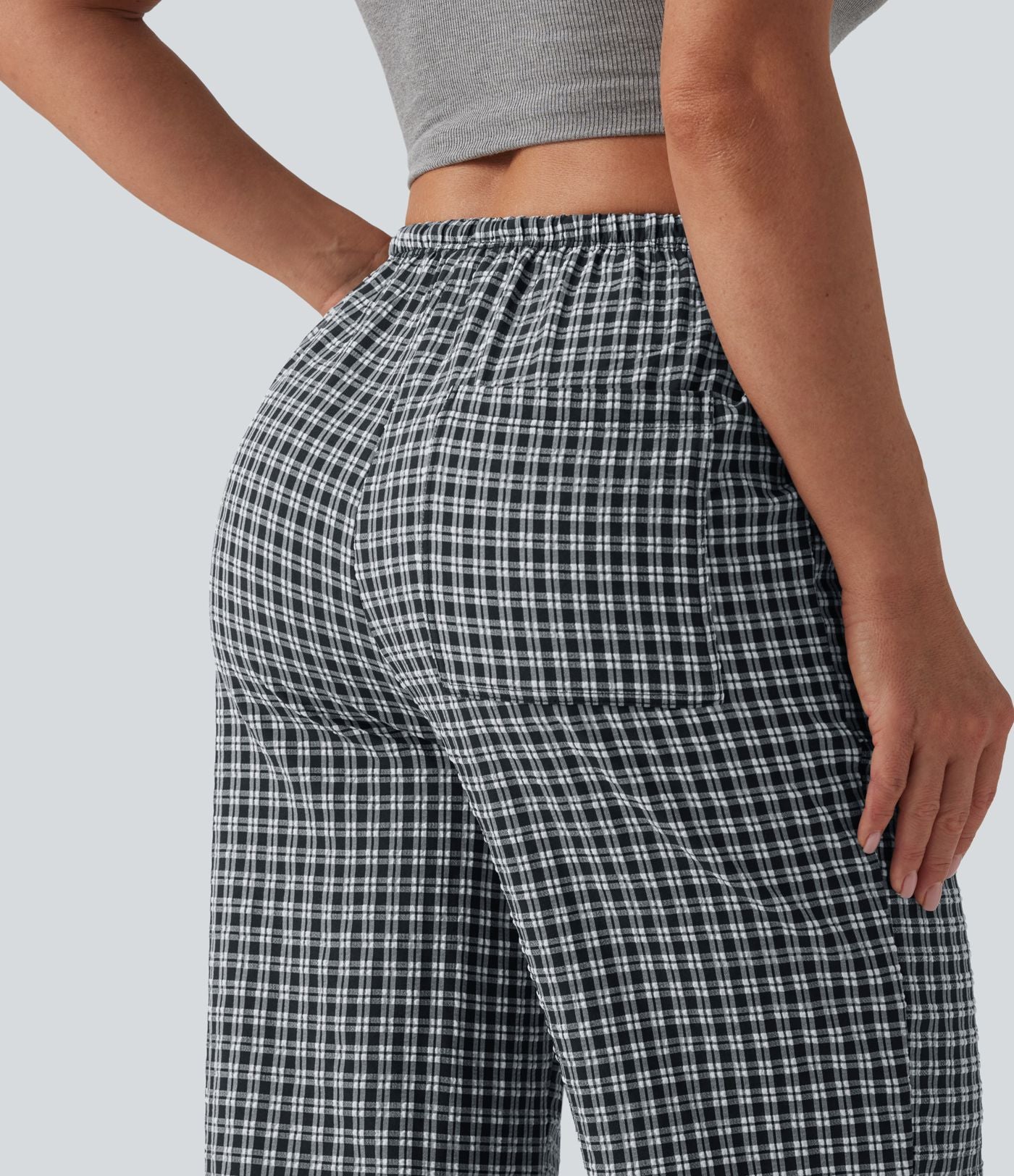 Pantalon casual coupe droite taille mi-haute vichy à cordon de serrage avec poches