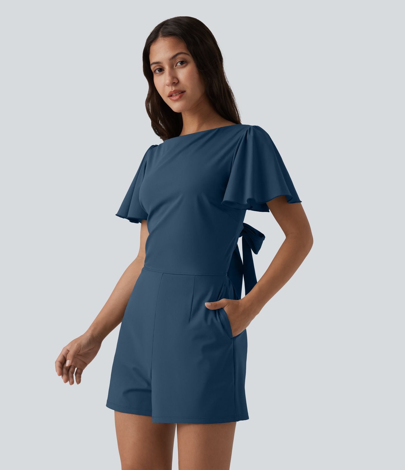 Combishort décontracté SoftlyZero™ Airy à volants manches courtes avec nœud au dos et effet frais InstantCool avec poches, accès facile Easy Peasy