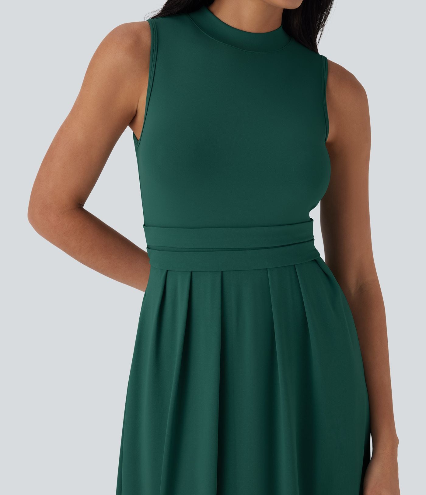 Robe longue décontractée sans manches à col montant, coupe évasée et poches latérales