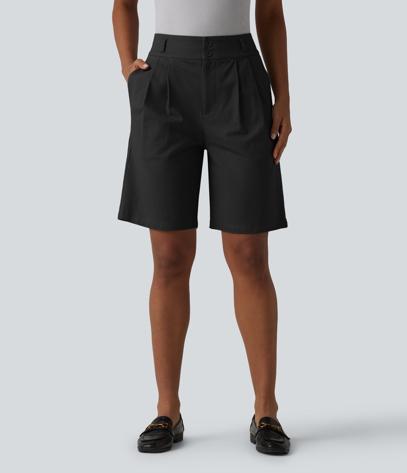 Short tailleur chino droit en coton taille haute à poches