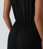 Robe Mi-Longue Plissée Décolleté Plongeant Sans Manches Haut Bas Ourlet Croisé