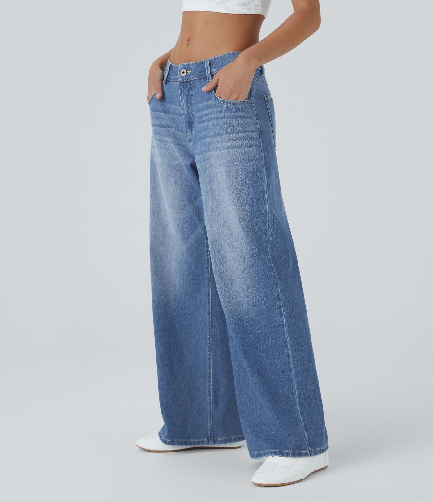 Halara Flex™ Jean Large Casual Taille Basse avec Boutons Zip Multiples Poches Lavés Élastiques et Tricotés