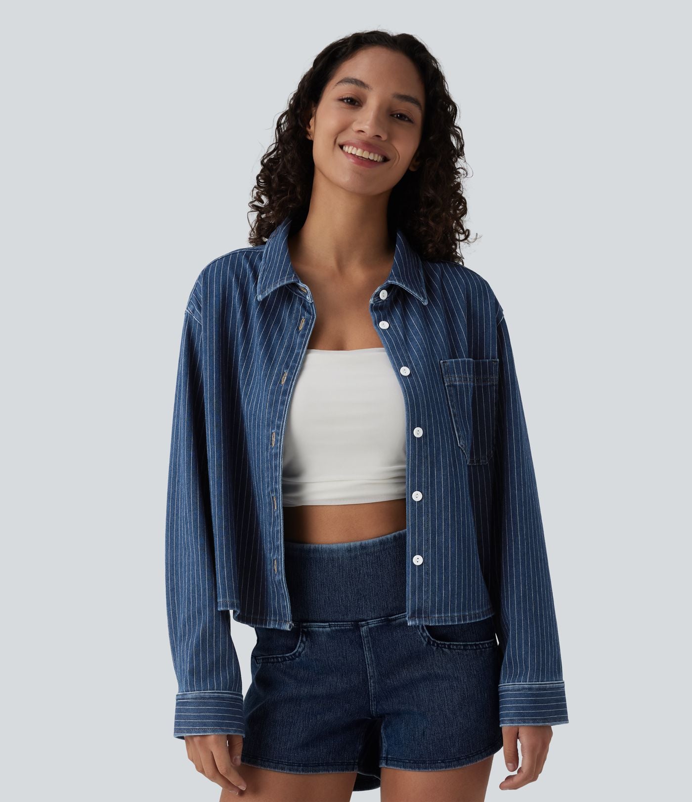 Halara Flex™ Chemise casual rayée en denim à manches longues avec poche