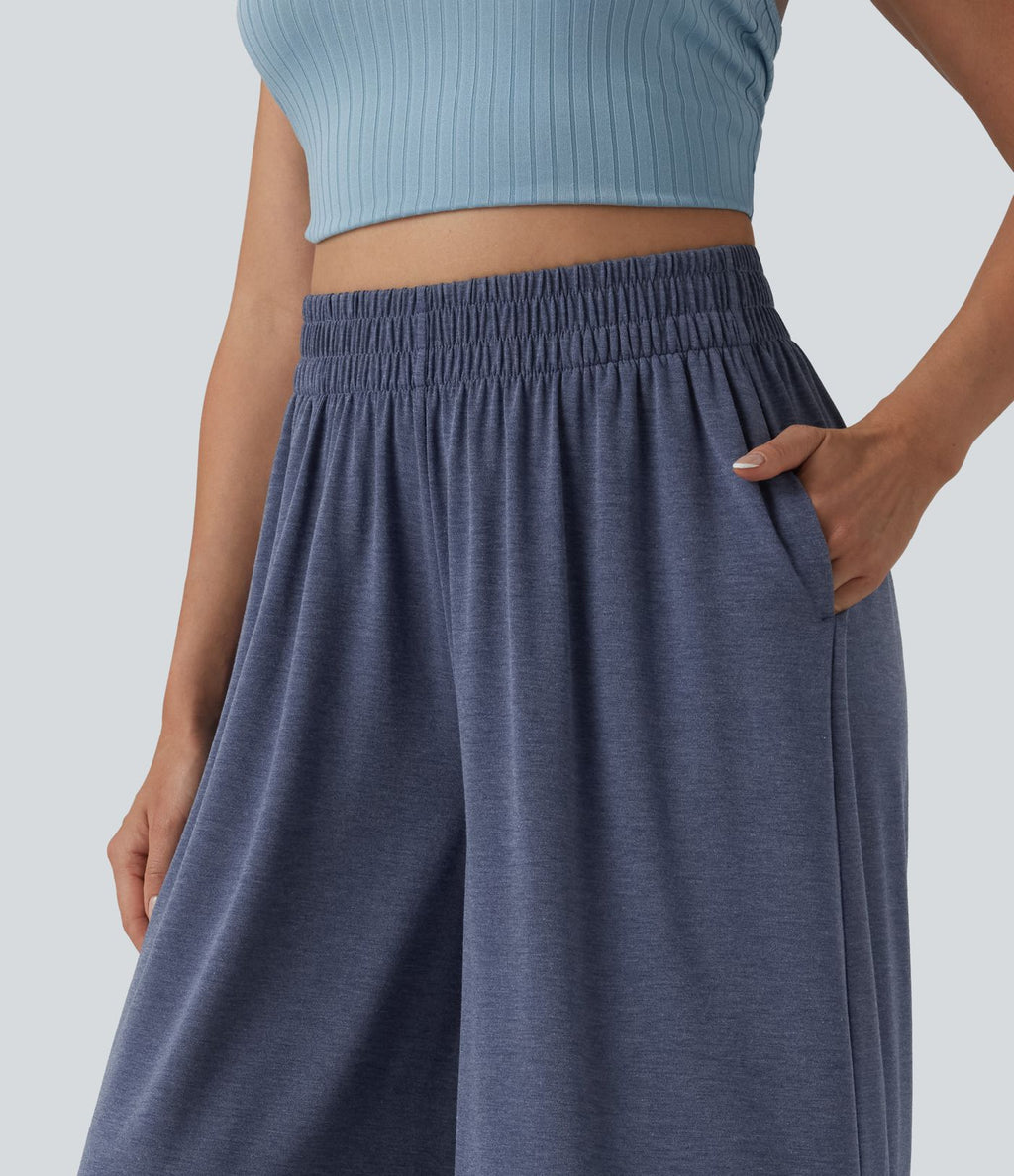 Pantalon large fluide chiné resort taille haute avec poches