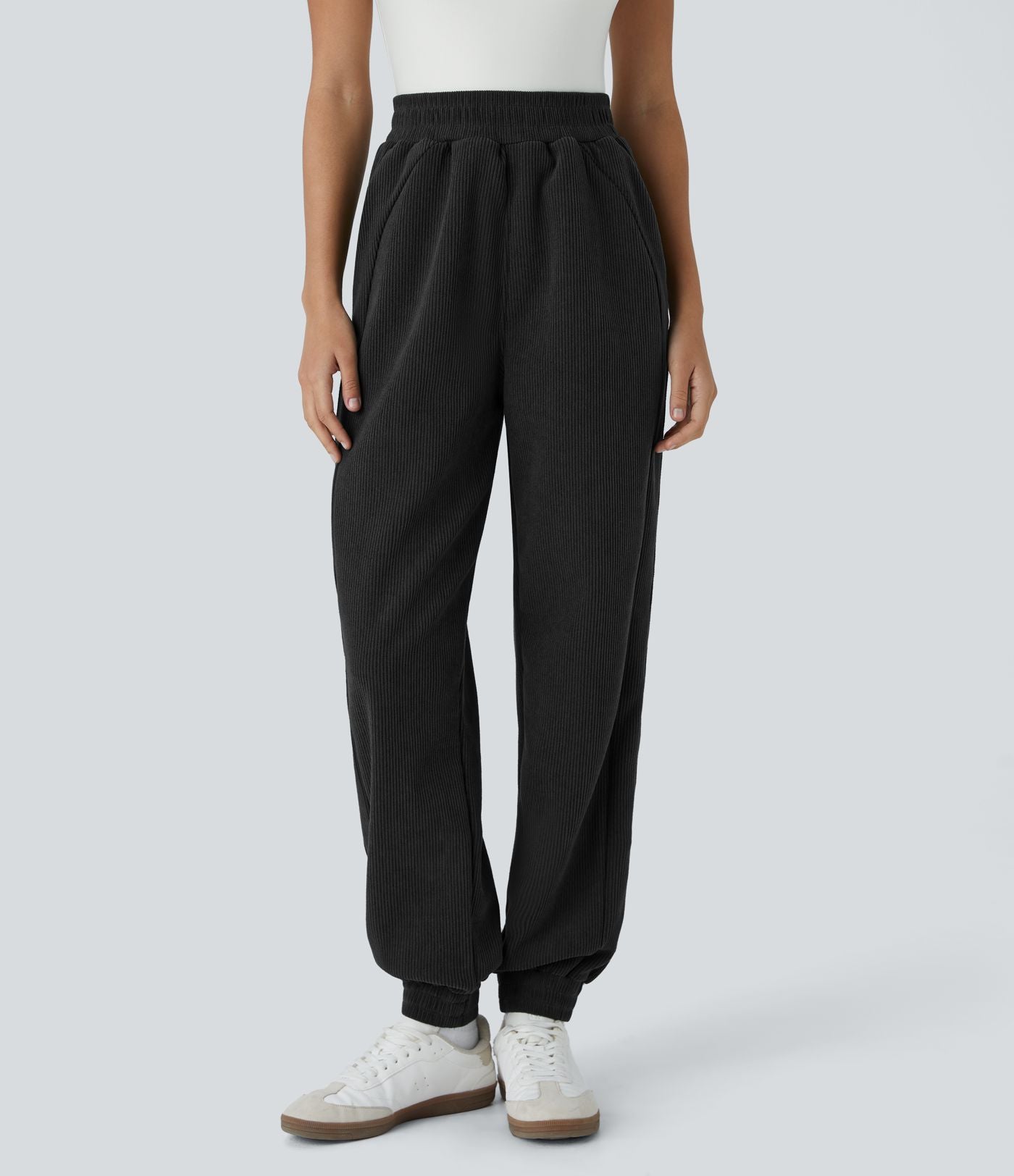 Pantalon de jogging décontracté en velours côtelé à taille haute avec poches latérales