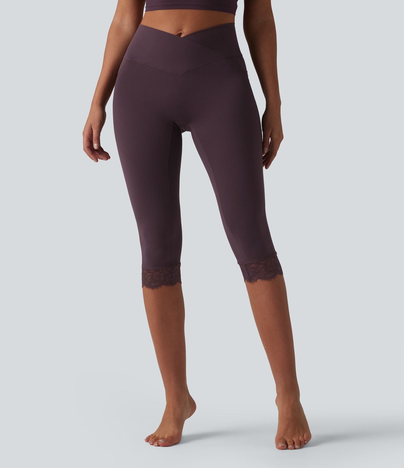 SoftlyZero™ Legging corsaire de yoga croisé taille haute avec dentelle contrastée et poches - UPF50+