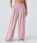 Pantalon Fluide Large Taille Haute Poches Latérales Palazzo Solide Casual Linen-Feel